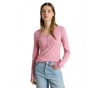 Henleyshirt TOM TAILOR DENIM, Damen, Gr. L, pink weiß stripe, Rippware, Obermaterial: 95% Baumwolle, 5% Elasthan, gestreift, regular fit normal, V-Ausschnitt, gerader Abschluss, Shirts Henleyshirt, mi