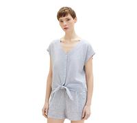 TOM TAILOR Denim Damen Kurzarm-Bluse mit Knotendetail aus Leinen 31715 - White Blue Vertical Stripe M