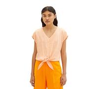 TOM TAILOR Denim Damen Kurzarm-Bluse mit Knotendetail aus Leinen 31716 - Mango White Vertical Stripe L
