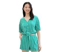 TOM TAILOR Denim Damen Leinen-Bluse mit Knoten-Detail, Green White Vertical Stripe, M