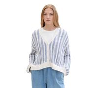 TOM TAILOR Denim Damen Sommer-Strickjacke mit lockerer Strickstruktur, mid Blue White Stripe, M