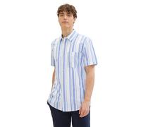 TOM TAILOR Denim Herren Regular Fit Kurzarm-Hemd mit Streifen-Muster, Green Blue Yellow White Stripe, L
