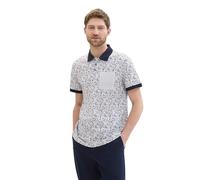 TOM TAILOR Herren Basic Piqué Poloshirt mit Allover-Print, navy white wavy leaf design, XXL