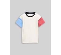 Kurzarmshirt TOM TAILOR, Jungen, Gr. 116/122, wool weiß, Single Jersey, Obermaterial: 100% Baumwolle, oversize hüftbedeckend, Rundhals, abgesteppte Kante, Shirts, Sommershirt im Colorblocking-Look / f