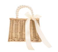 TOMETURE Bast Tasche Damen mit Perlen Modische Strohhandtasche aus Strohmateriaal und Stoff mit Zugband Design zum Schutz der Strandtasche für Frauen