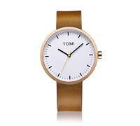 Tomi 006 Analog Quarz Edelstahl IP Gold Rosa Weiß Leder Braun Unisex Design Uhr