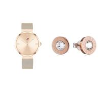 Tommy Hilfiger Analog Quarzuhr für Damen mit Rotgoldfarbenes Edelstahl-Mesh-Gliederarmband - 1782218 Jewelry Ohrstecker für Damen aus Edelstahl mit Kristallen - 2700752