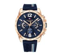 Stylische Herrenuhr von der Marke Tommy Hilfiger. Die Uhr hat ein Kautschukarmband, das auch kleiner gemacht werden kann, das Gehäuse hat einen Durchmesser von 46 mm und das Uhrwerk ist ein Quarzwerk.