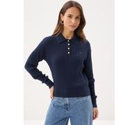 Strickpullover TOMMY HILFIGER "CO CABLE FINE GG RLXD POLO SWT", Damen, Gr. L (42/44), schwarz night navy, Strick, Obermaterial: 100% Baumwolle, unifarben, relaxed fit, Pullover Strickpullover, mit Zop