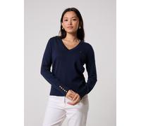 Strickpullover TOMMY HILFIGER "STITCH V-NECK", Damen, Gr. XS (34), schwarz night navy, Feinstrick, Obermaterial: 67% Baumwolle, 33% Polyamid, unifarben, Basic, regular fit normal, V-Ausschnitt, einges