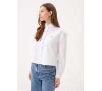 Langarmbluse TOMMY HILFIGER "OXFORD CROP RUFFLE LS SHIRT", Damen, Gr. 38, optic weiß, Web, Obermaterial: 100% Baumwolle, unifarben, gerade hüftlang, mit Knopf Rüschen, Blusen, mit Rüschen-Details, box