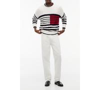 Strickpullover TOMMY HILFIGER "BRETON FLAG CABLE CREW", Herren, Gr. L, ivory petal, desert sky, medium rot, Strick, Obermaterial: 100% Baumwolle, gestreift, regular fit normal, Rundhals, eingesetzt Ri
