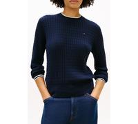 Rundhalspullover TOMMY HILFIGER "CO CABLE C-NK LS SWEATER", Damen, Gr. S (36), schwarz n navy tipping, Strick, Obermaterial: 100% Baumwolle, unifarben, regular fit hüftlang, Rundhals, Rippstrickbündch
