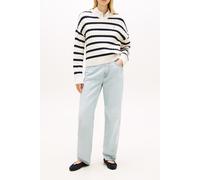 Strickpullover TOMMY HILFIGER "CO CABLE MID GG RLX LS V-NK SWT", Damen, Gr. L (42/44), ivory petal, schwarz n navy stp, Strick, Obermaterial: 100% Baumwolle, gestreift, relaxed fit normal, V-Ausschnit
