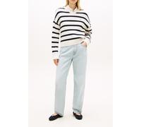 Strickpullover TOMMY HILFIGER "CO CABLE MID GG RLX LS V-NK SWT", Damen, Gr. XS (34), ivory petal, schwarz n navy stp, Strick, Obermaterial: 100% Baumwolle, gestreift, relaxed fit normal, V-Ausschnitt,