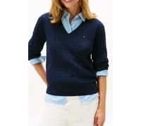 Strickpullover TOMMY HILFIGER "CO CABLE FINE GG V-NK LS SWT", Damen, Gr. L (42/44), blau (schwarz night navy), Strick, Obermaterial: 100% Baumwolle, unifarben, normal normal, V-Ausschnitt, Rippstrickb
