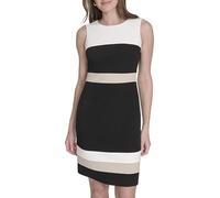 Tommy Hilfiger Damen Ärmelloses gestreiftes Scuba Crepe Etuikleid Minikleid, Elfenbein/Schwarz/Khaki, 44