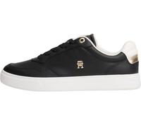 Plateausneaker TOMMY HILFIGER "ESSENTIAL ELEVATED COURT SNEAKER", Damen, Gr. 36, schwarz-weiß (schwarz, weiß), Leder, sportlich, Schuhe, Freizeitschuh, Halbschuh, Schnürer mit Ziernähten und Kontrastb