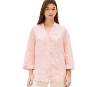 Shirtbluse TOMMY HILFIGER "ESS LINEN COLLARLESS SHIRT", Damen, Gr. S (36/38), chalk stp ecru fireworks, Web, Obermaterial: 100% Leinen, gestreift, gerade normal, V-Ausschnitt, Blusen, mit Logo-Sticker