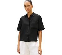 Kurzarmbluse TOMMY HILFIGER "ESS LINEN SHORT SLEEVE SHIRT", Damen, Gr. L (42/44), schwarz, Web, Obermaterial: 100% Leinen, unifarben, gerade normal, V-Ausschnitt, abgesteppte Kante, Blusen, mit aufges