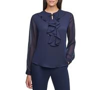 Tommy Hilfiger Damen Long Sleeve Ruffle V-Neck Blouse Bluse, Mitternacht/Ausflug, einfarbig (Midnight//Getaway Solids), Mittel