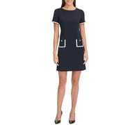 Tommy Hilfiger Damen Kurzärmeliges Minikleid mit Hohem Halsausschnitt, Kontrastierender Besatz Kleid, Elfenbein/Sky Captain, 40