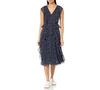 Tommy Hilfiger Damen Midi-länge, Chiffon-Stoff, Rüschen, Kurzärmelig Kleid, Sky Captain/Elfenbein, 38