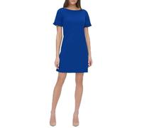 Tommy Hilfiger Damen Pleated Trim Short Sleeve Boat Neck Scuba Shift Mini Dress Kleid, Marineblau, 38
