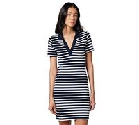 Polokleid TOMMY HILFIGER "SLIM OPEN NK POLO DRESS SS", Damen, Gr. XL (46), N-Gr, breton stripe schwarz night, ecru, Jersey, Obermaterial: 96% Baumwolle, 4% Elasthan, gestreift, figurbetont, V-Ausschni