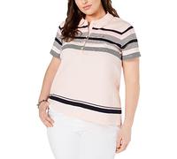 Tommy Hilfiger Damen Poloshirt mit Reißverschluss, Mehrfarbig Polohemd, Ballerina pink gestreift, 1X