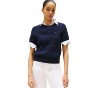 Kurzarmpullover TOMMY HILFIGER "CO CABLE MID GG S/S C-NK SWT", Damen, Gr. L (40), blau (schwarz night navy), Strick, Obermaterial: 100% Baumwolle, unifarben, regular fit normal, Rundhals, Pullover, mi