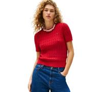 Kurzarmpullover TOMMY HILFIGER "CO CABLE MID GG S/S C-NK SWT", Damen, Gr. XXXL(46), rot (medium rot), Strick, Obermaterial: 100% Baumwolle, unifarben, regular fit normal, Rundhals, Pullover, mit Zopfm