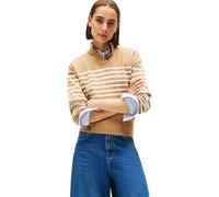 Strickpullover TOMMY HILFIGER "CO JERSEY GOLD BTN MOCK-NK SWT", Damen, Gr. M (38), beige (placed thin beige stp sweaters), Strick, Obermaterial: 75% Baumwolle, 25% Polyamid, gestreift, hüftlang, Rundh