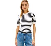 Kurzarmpullover TOMMY HILFIGER "CO JERSEY FINE GG C-NK SS SWT", Damen, Gr. XS (34), ivory petal, schwarz n navy stp, Feinstrick, Obermaterial: 67% Baumwolle, 33% Polyamid, gestreift, regular fit norma