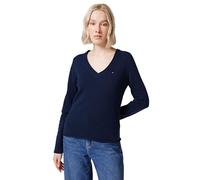 Strickpullover TOMMY HILFIGER "SOFT WOOL V-NK SWEATER", Damen, Gr. M (38), blau (schwarz night navy), Strick, Obermaterial: 100% Wolle, unifarben, casual, normal, V-Ausschnitt, Langarm Bündchen, Pullo