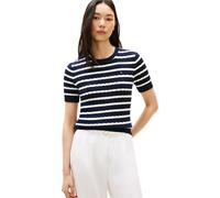 Kurzarmpullover TOMMY HILFIGER "CO CABLE MID GG SS C-NK SWT", Damen, Gr. XL (46), schwarz night navy, ivory petal stp, Strick, Obermaterial: 100% Baumwolle, gestreift, normal, Rundhals, Pullover, Baum