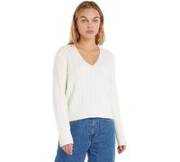 Tommy Hilfiger Damen Pullover V-Neck Sweater Strickpullover, Weiß (Ecru), L