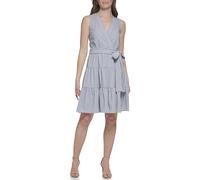 Tommy Hilfiger Damen Sleeveless V-Neck Tie Waist Tiered Mini Dress Kleid, Marina Blau/Elfenbein, 34
