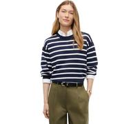Strickpullover TOMMY HILFIGER "STRIPED SCRIPT LOGO SWEATER LS", Damen, Gr. XS (34), breton stp dunkelblau ecru, Strick, Obermaterial: 100% Baumwolle, gestreift, normal, Rundhals, Pullover Strickpullov