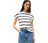 Kurzarmshirt TOMMY HILFIGER "GOLD BUTTON MDRN C-NK SS TEE", Damen, Gr. M (38), ivory silk, schwarz night navy stp, Single Jersey, Obermaterial: 100% Baumwolle, gestreift, casual, slim fit, Rundhals, K