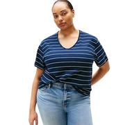 V-Shirt TOMMY HILFIGER CURVE "CRV MODERN CO LINEN V-NK SS", Damen, Gr. 48, big stp schwarz night navy, Web, Obermaterial: 55% Leinen, 45% Baumwolle, gestreift, V-Ausschnitt, Shirts, in Großen Größen (