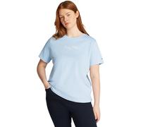 Rundhalsshirt TOMMY HILFIGER CURVE "CRV REG SCRIPT C-NK TEE SS", Damen, Gr. 46, blau (breezy blau), Single Jersey, Obermaterial: 100% Baumwolle, unifarben, tailored fit, Rundhals, abgerundeter Saum, S
