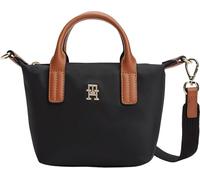 Handtasche TOMMY HILFIGER "POPETTE MICRO TOTE", Damen, Gr. B/H/T: 20,5cm x 16cm x 8cm, schwarz, Leder, Nylon, Taschen Handtasche, Damen Umhängetasche, Schultertasche im Kontrastlook (50833768-0) schwa