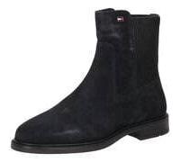 Chelseaboots TOMMY HILFIGER "ENAMEL FLAG SUEDE ANKLE CHELSEA", Damen, Gr. 39, schwarz (dunkelblau), Elastischer Einsatz, Veloursleder, Schuhe Chelseaboots, Blockabsatz, Businessboots mit breitem Stret