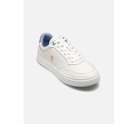 Plateausneaker TOMMY HILFIGER "ESSENTIAL ELEVATED COURT SNEAKER", Damen, Gr. 38, blau (ecru, hellblau), Nappaleder, sportlich, Schuhe, Freizeitschuh, Halbschuh, Schnürer mit Ziernähten und Kontrastbes