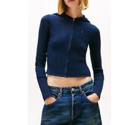 Strickjacke TOMMY JEANS "TJW ESSENTIAL ZIPPER HOOD CARDI", Damen, Gr. XL (42), blau (schwarz night navy), Strick, Obermaterial: 65% Baumwolle, 35% Polyamid, unifarben, regular fit taillenlang, Rundhal