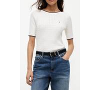 Kurzarmpullover TOMMY HILFIGER "FINE GG CABLE BOAT NK S/S", Damen, Gr. L (42/44), ivory petal, Strick, Obermaterial: 100% Baumwolle, unifarben mit Farbeinsatz, regular fit normal, U-Boot-Ausschnitt, e