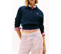 Strickpullover TOMMY JEANS "TJW FLUFFY POLO SWEATER", Damen, Gr. M (38), schwarz night navy, Strick, Obermaterial: 55% Polyester, 19% Polyacryl, 15% Alpaka, 8% Wolle, 3% Elasthan, unifarben, regular f