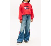 Sweatshirt TOMMY HILFIGER "TOMMY WAVE FLAG CREWNECK", Mädchen, Gr. 16 (176), rot alert, Sweatware, Obermaterial: 68% Baumwolle, 32% Polyester, gestreift, relaxed fit hüftlang, Rundhals, Raglanärmel Ri