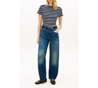 Kurzarmshirt TOMMY HILFIGER "GOLD BUTTON SLIM SS TEE", Damen, Gr. S (36/38), breton stripe schwarz night, ecru, Single Jersey, Obermaterial: 100% Baumwolle, gestreift, slim fit, Shirts (98027342-S) br